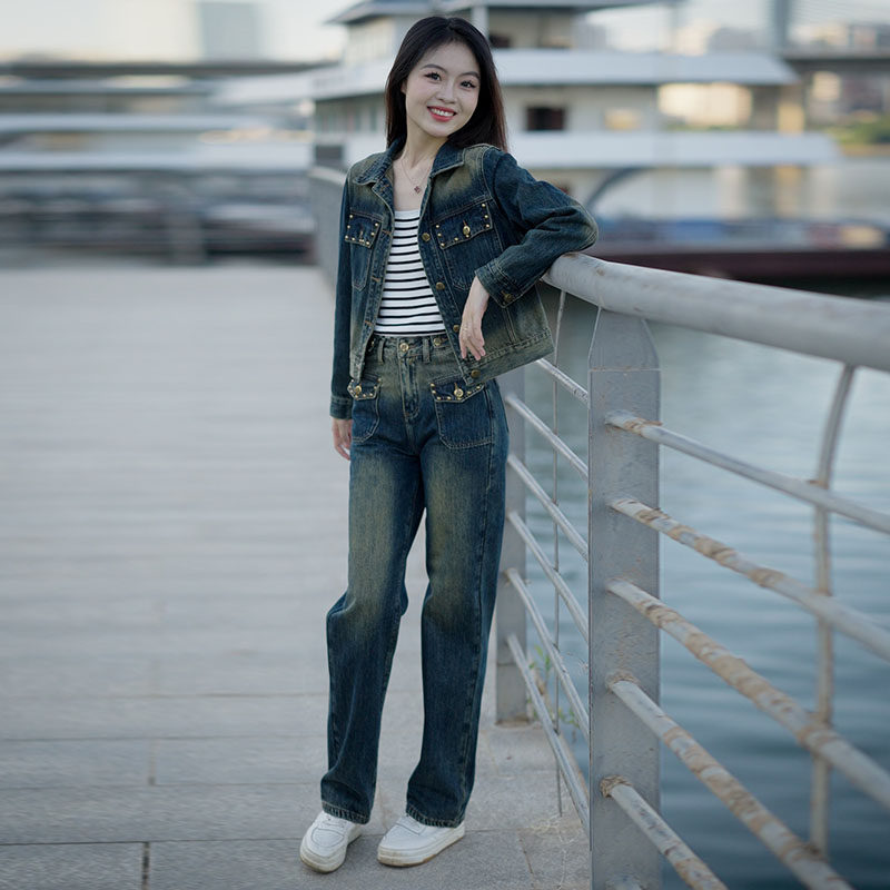 高级感牛仔时尚减龄复古牛仔外套套装女秋新款休闲阔腿裤两件套