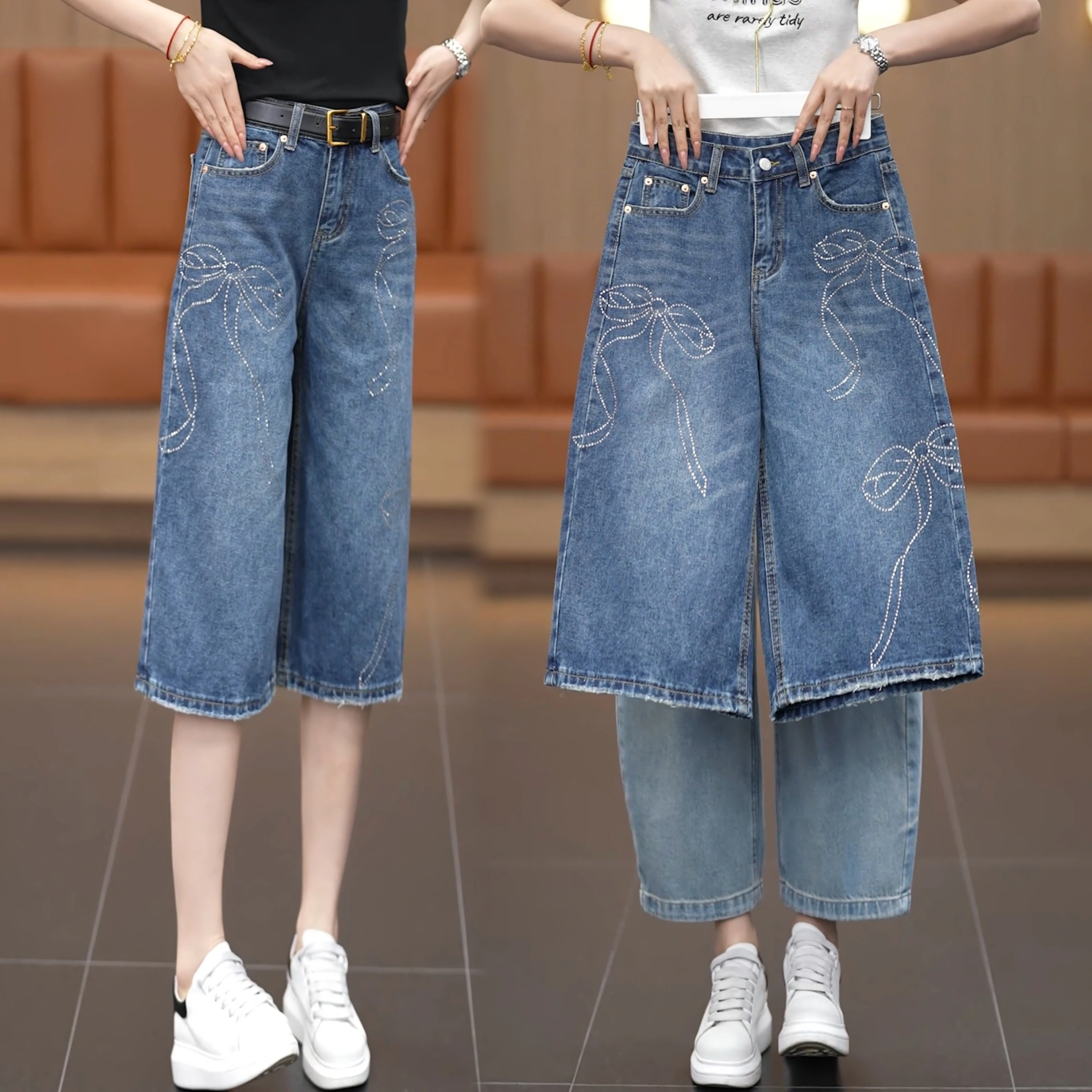 高端烫钻蝴蝶结牛仔短裤女夏季2026新款复古高腰显瘦小个子七分裤