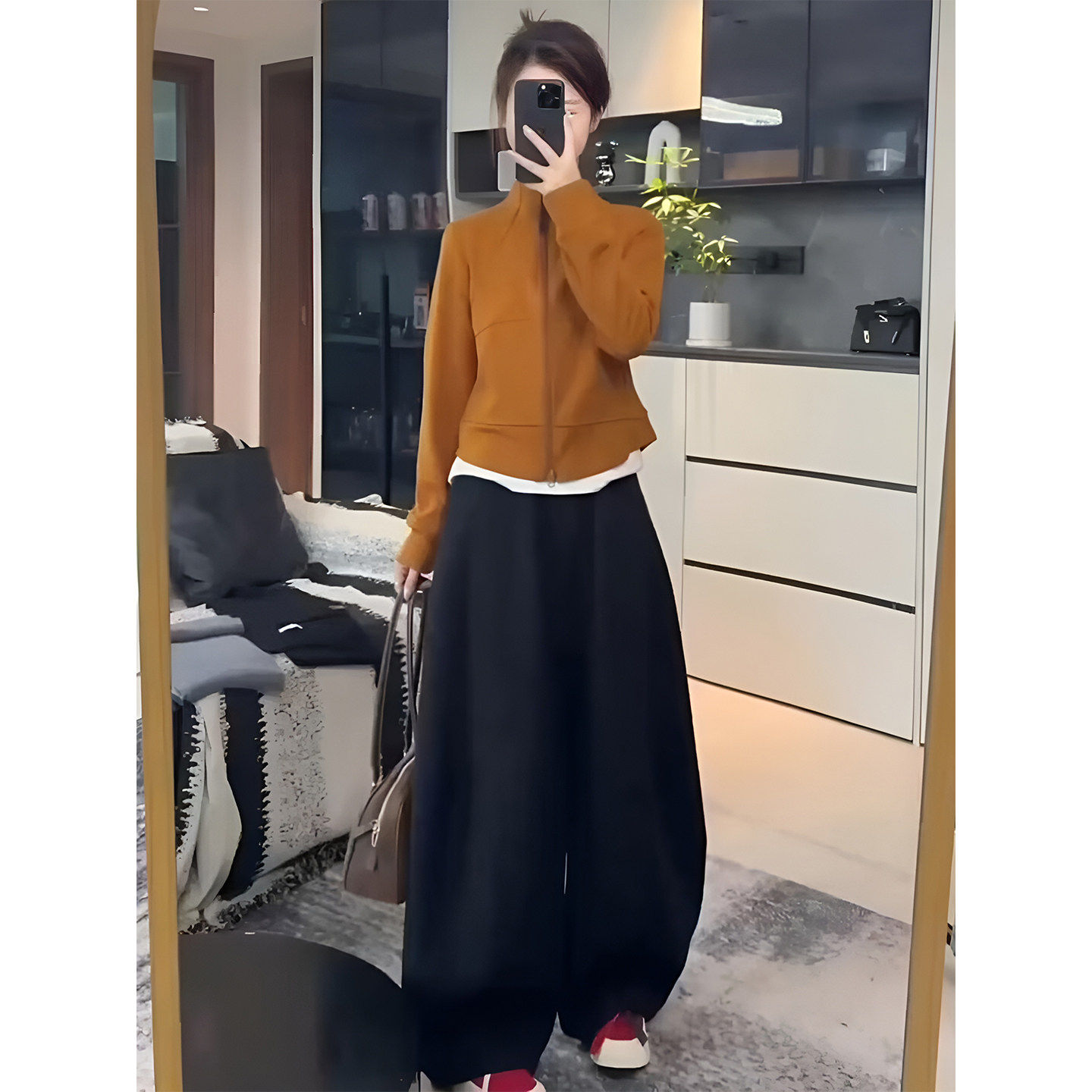 休闲时尚短款立领上衣阔腿裤两件套装