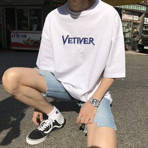 夏季新品绣花做旧短袖t恤