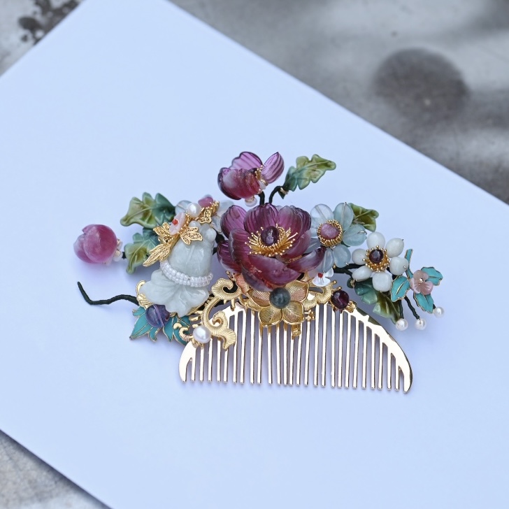 稷氏小筑 小洋葱 古风发饰铜镀金发梳掩鬓耳环发簪汉服头饰套装女