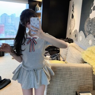狗狗刺绣 撞色针织小毛衣配领结上衣韩系减龄甜美少女短裙两件套