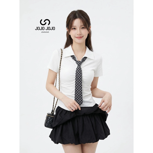 学院风格纹领带短袖t恤女网红纯欲辣妹短款小上衣独特绝美Polo衫