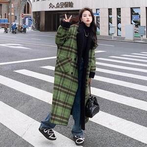 森林绿格子条纹毛呢外套女冬韩系大码胖MM双面穿小个子加厚呢大衣