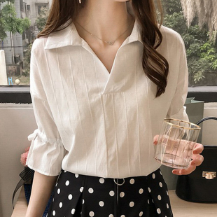 白色雪纺衬衫女夏短袖大码胖mm设计感小众V领五分喇叭袖系带上衣