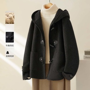 黑色短款连帽毛呢外套女秋冬装韩系大码胖MM宽松小个子呢子大衣女