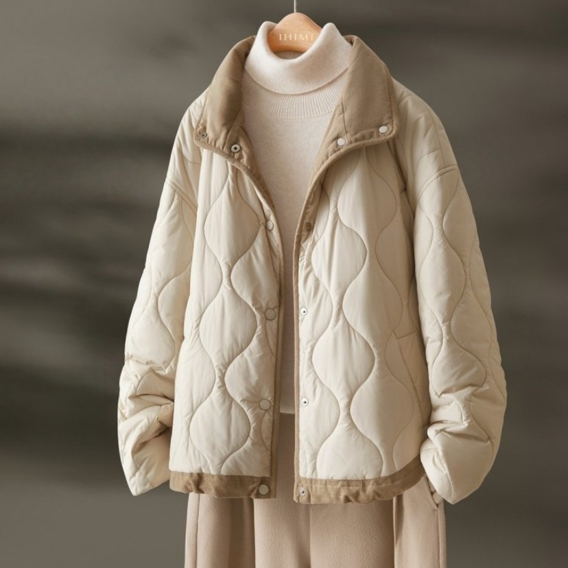 杏色撞色棉服女秋冬装韩系大码胖MM小清新撞色棉衣外套灯芯绒上衣