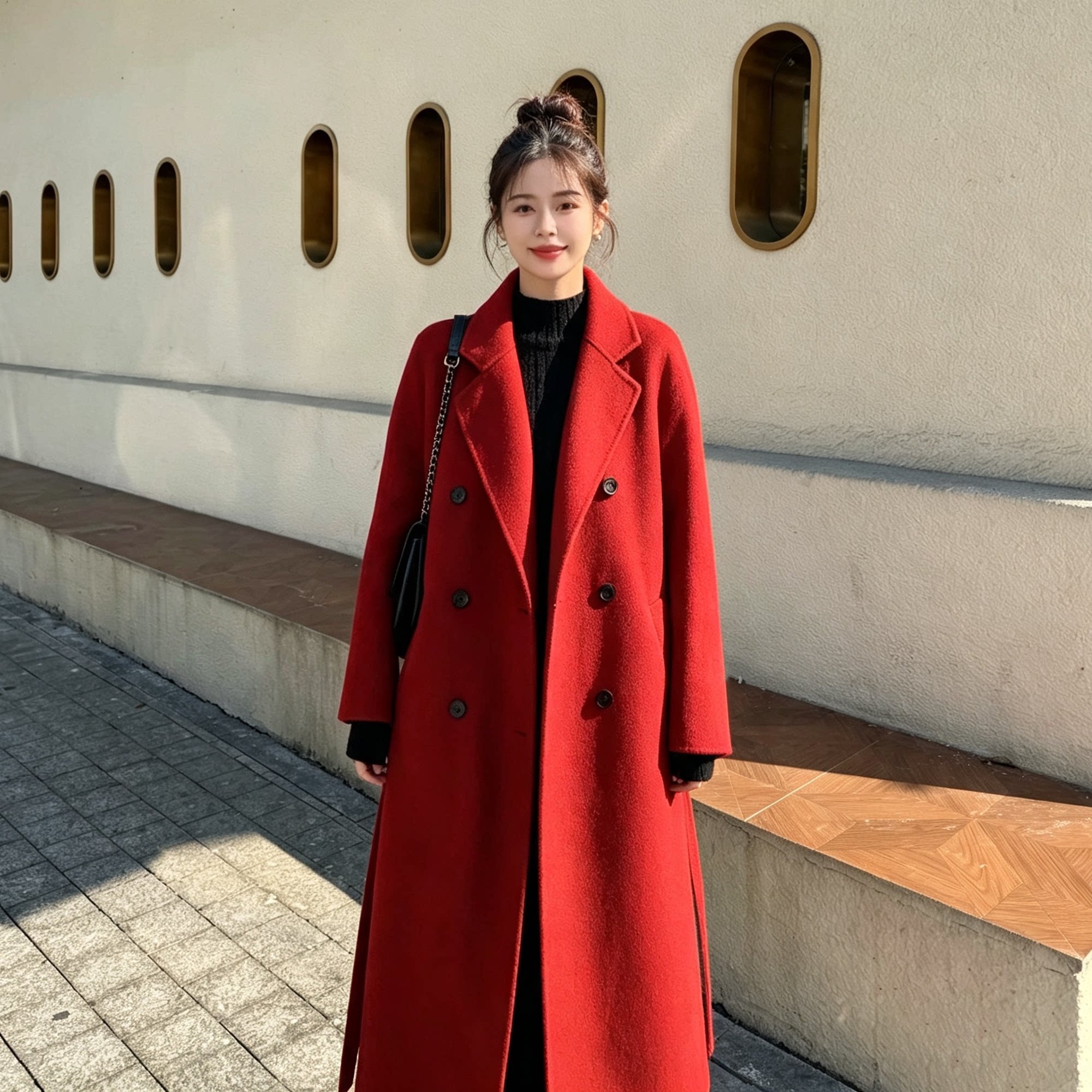 高级感红色毛呢外套女2026秋冬韩系中长款大码加厚小个子呢子大衣