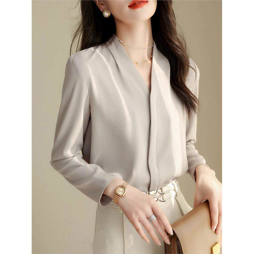 白色衬衫女春法式高级V领长袖衬衣设计感小众职业OL通勤气质上衣
