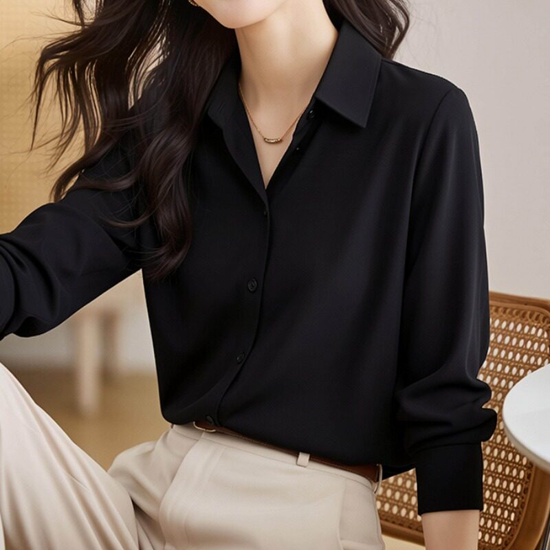 高级感黑色缎面衬衫女长袖春夏大码职业OL衬衣设计感小众别致上衣
