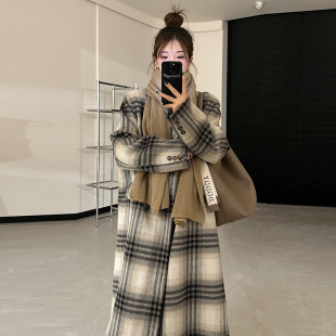 格子条纹毛呢外套女春秋韩系大码胖MM200斤中长宽松加厚呢子大衣
