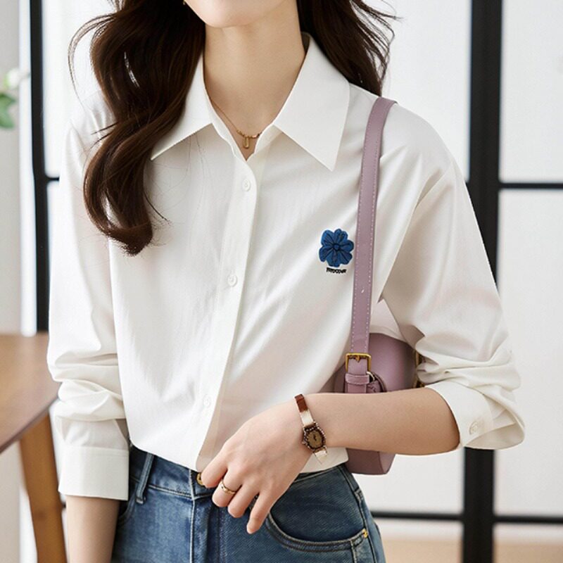 白色刺绣雪纺衬衫女春夏新款大码胖MM上衣职业通勤OL百搭打底衬衣