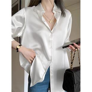 法式轻奢白色缎面衬衫女夏新款高级感宽松显瘦防晒设计感小众衬衣