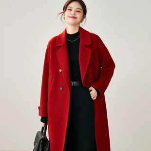 酒红色毛呢大衣女中长款本命年秋冬大码高端西装领加厚呢子外套