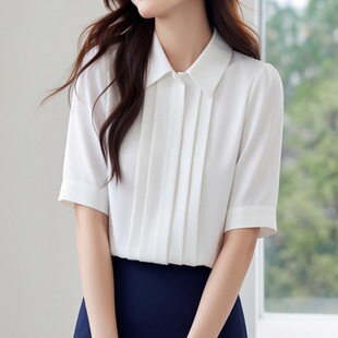 白色雪纺衬衫女短袖夏季大码设计感小众面试气质正装职业OL衬衣
