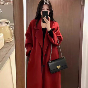 酒红色毛呢大衣女冬韩系大码胖MM200斤加厚过冬新年礼服呢子外套