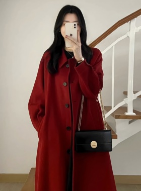 酒红色毛呢外套女秋冬韩系大码胖MM220斤宽松小个子加厚呢子大衣