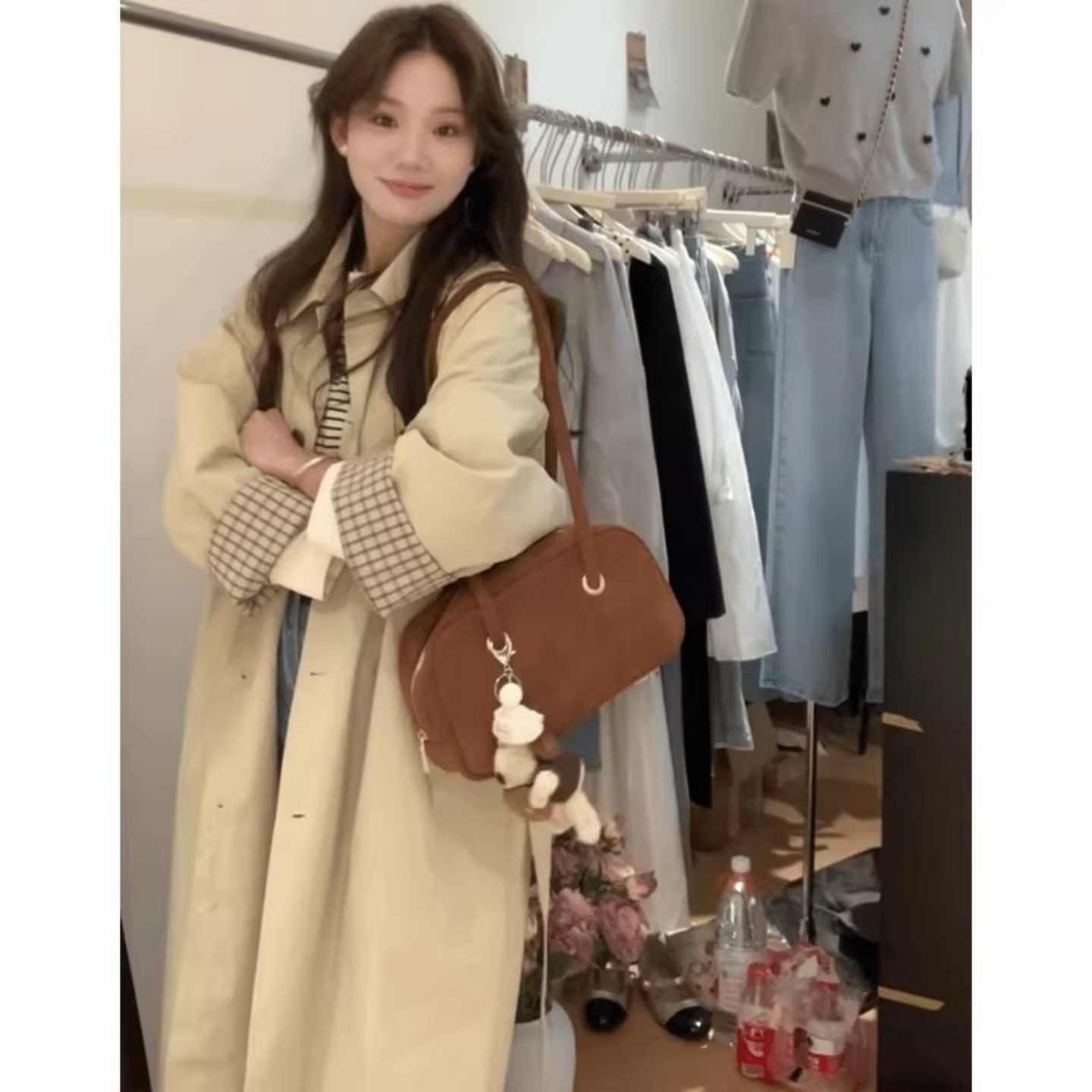 卡其色中长版风衣外套女