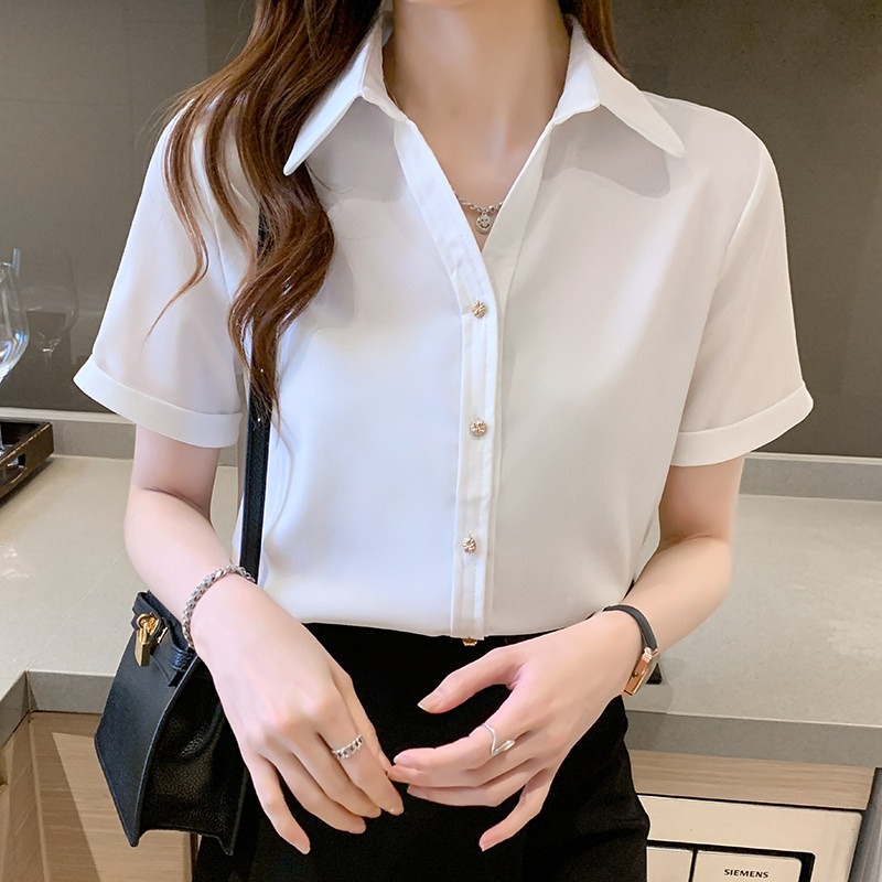 缎面白衬衫女夏短袖大码