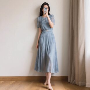 法式优雅风A字连衣裙女士春夏收腰显瘦中长款淑女通勤短袖裙子