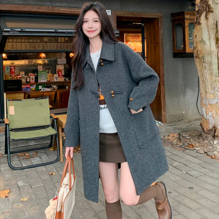 灰色盘扣毛呢外套女秋冬装韩系大码胖MM设计感小个子加厚呢子大衣