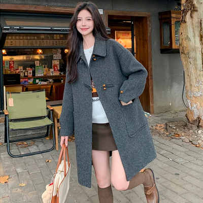 【送运费险】灰色盘扣毛呢外套女