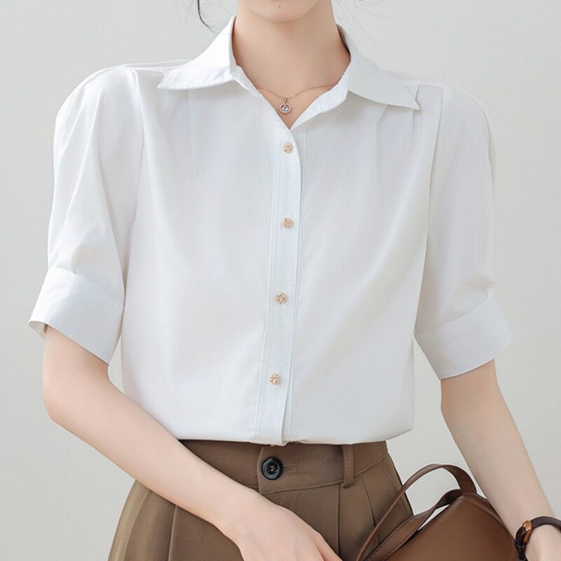 白色雪纺衬衫女短袖春夏装高级设计感职业OL气质抗皱宽松正装上衣