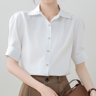 白色雪纺衬衫女短袖春夏装高级设计感职业OL气质抗皱宽松正装上衣