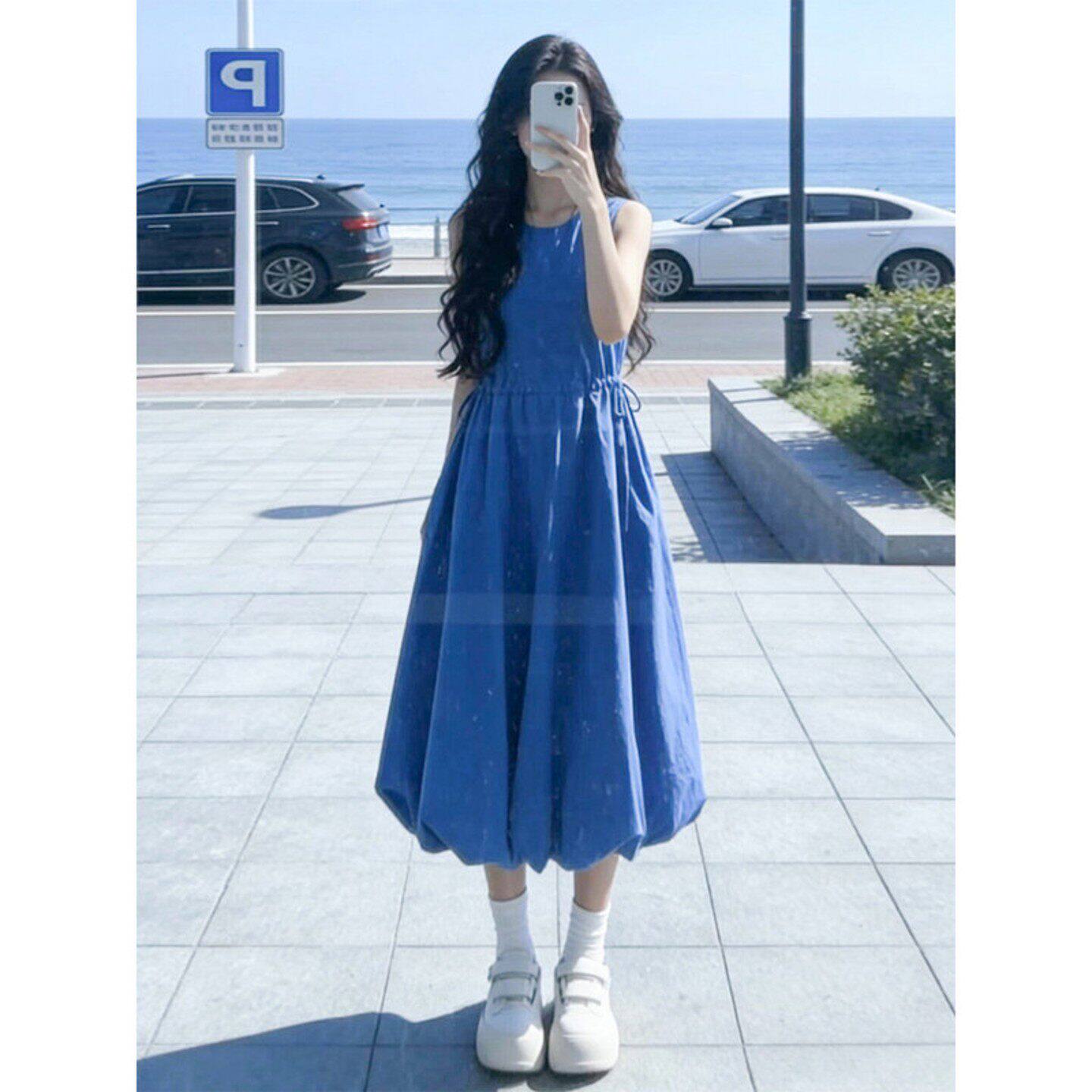 【送运费险】法式蓝色无袖连衣裙