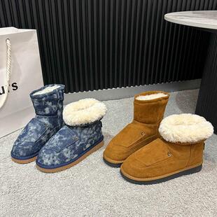 厚底保暖口袋雪地靴欧美风秋冬新款潮款复古舒适防滑时尚棉靴