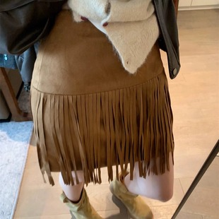 流苏半身裙鹿皮绒遮肚设计感小众辣妹短裙复古短裙大码a字裙裙裤