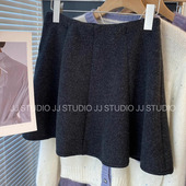 大码 蓬蓬裙miu系百褶深灰色羊毛呢半身裙遮胯A字伞裙显瘦呢子短裙