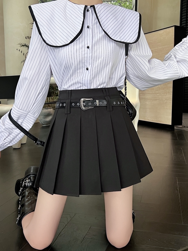 黑色西装百褶裙女白色遮胯短裙裤
