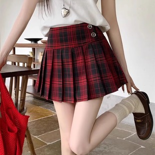 大码蓬蓬半身裙女夏设计感红黑格子百褶裙高腰a字短裙日系学院风