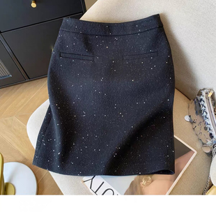 高腰显瘦a字包臀裙开叉直筒中裙 细闪闪亮片毛呢半身裙女秋冬大码