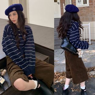 复古灯芯绒直筒中裤女秋冬新款美拉德中高腰大码休闲棕色七分裤子