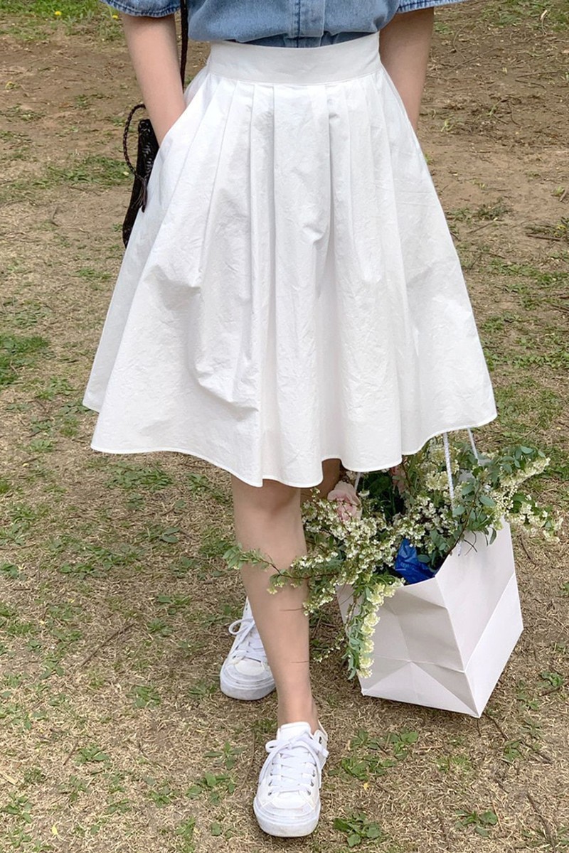 白色百褶裙美式校园风少女口袋设计感胖mm显瘦A字裙蓬蓬伞裙中裙
