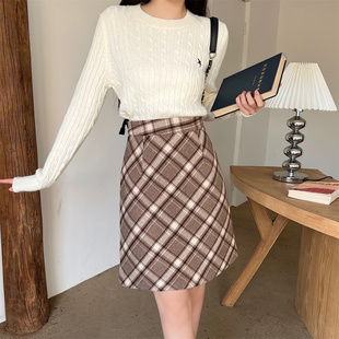 复古格纹学生a字裙短裙 卡其格子毛呢半身裙女胖mm中裙包臀裙美式