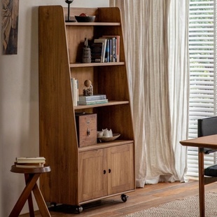 物宅 印尼柚木可移动带轮书柜中复古风实木储物餐边柜商用置物架