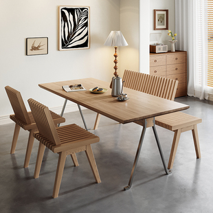 物宅 中古风不锈钢实木餐桌长方形客工作台餐书桌家用小户型饭桌