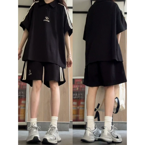 Черный спортивный костюм для отдыха, шорты, комплект, воротник поло, короткий рукав