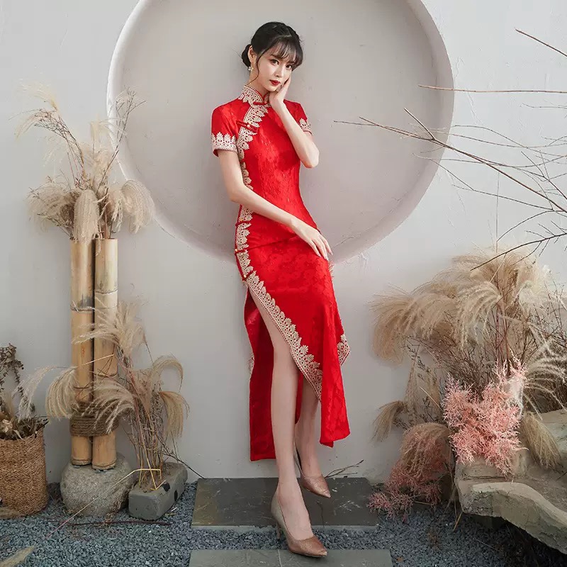 新款宽边红色蕾丝旗袍 2022新款修身气质日常改良长款连衣裙旗袍