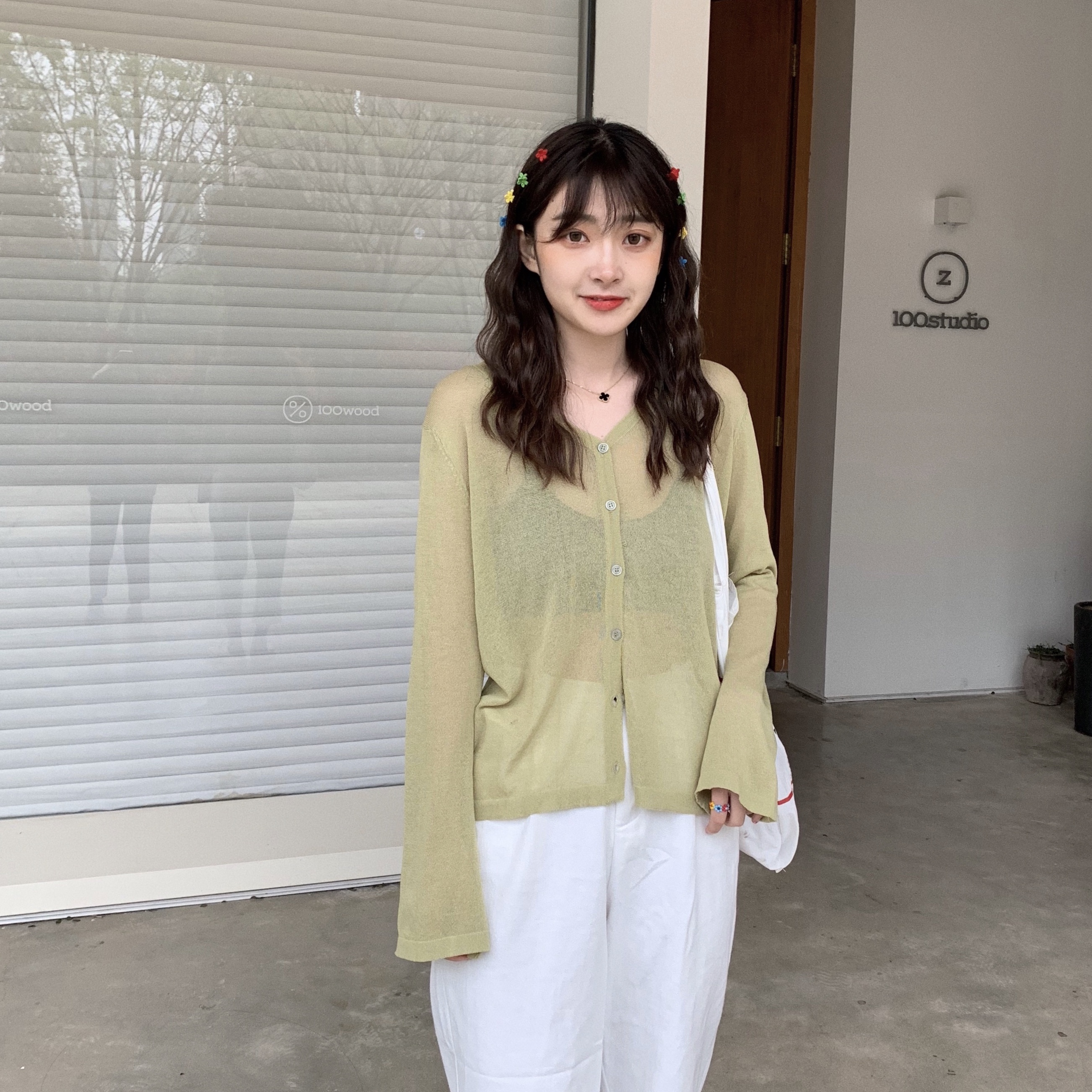 Real price real beat trumpet sleeve collar single breasted thin knitted cardigan sunscreen shirt