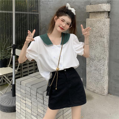 Real price real shooting bubble short sleeve white shirt women's summer design double breasted short doll collar top