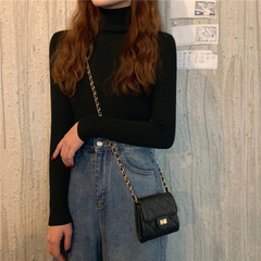 Real price shot solid color slim fit long sleeve crew neck bottomed T-shirt women's top high collar lapel