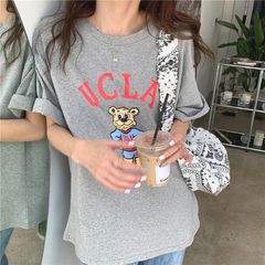 實價實拍 韓版寬鬆街頭內搭小熊印花短袖T恤圓領打底衫女