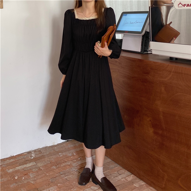 Real price real shot sweet lace square collar waist show thin first love long sleeve dress Fairy