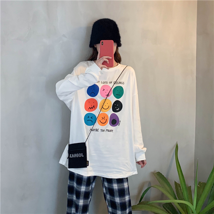 Real price real shot early spring Jiugongge smiling face T-shirt long sleeve + plaid pants two piece set