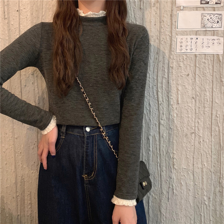 Real price real shot lace stitching half high collar bottoming shirt with long sleeve T-shirt in autumn and winter