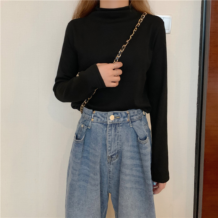 Women's autumn and winter half high collar thickened top with top and long sleeve T-shirt